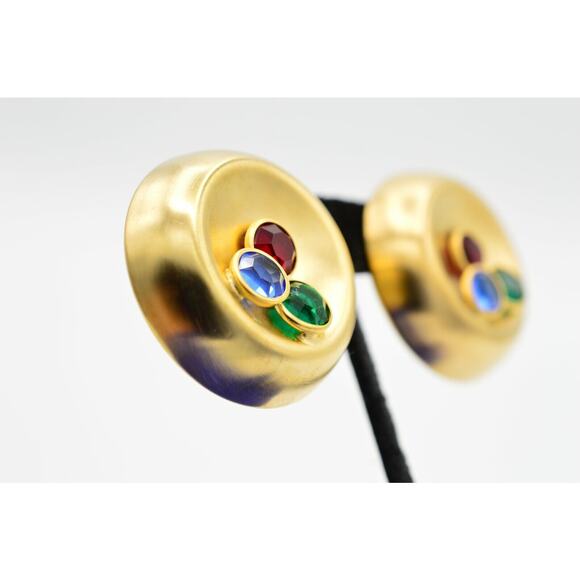 Vintage Crystal Clip Earrings Brushed Gold Rhinestone Chunky USA Signed NOS A21 - Picture 8 of 11